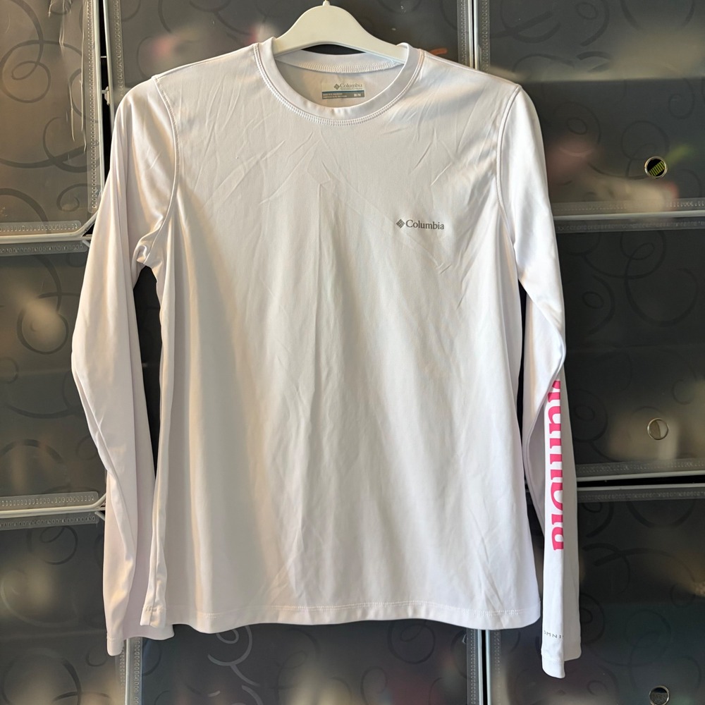 Columbia PFG Long Sleeve Sun Shirt White Pink Logo Medium UPF Performance Top